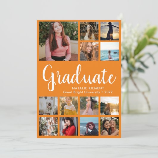 Invitation Script Graduate 14 Photo Collage Orange Graduation (Debout devant)