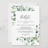 Invitation Script Green Foliage BabyQ Baby shower Barbecue (Devant)