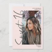 Invitation Script gris moderne 4 photos rose Sweet 16 (Devant)