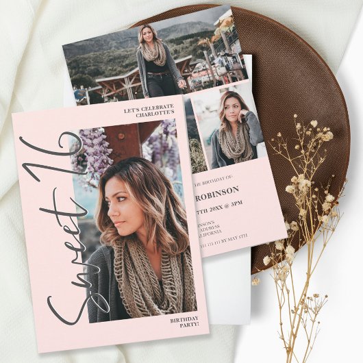 Invitation Script gris moderne 4 photos rose Sweet 16