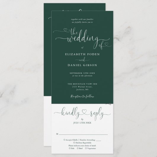 Invitation Script Heart Emerald Green Tout en un Mariage (Devant / Derrière)