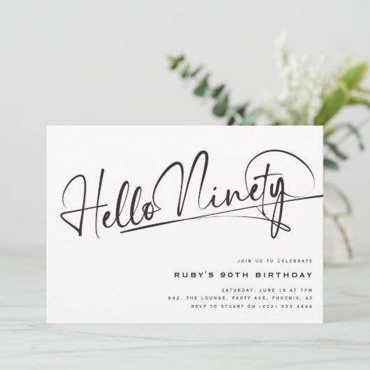 Invitation Script Hello 90th Minimalist 90th Birthday (Debout devant)