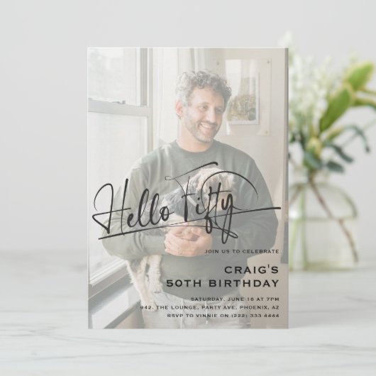 Invitation Script Hello Fifty Minimal Photo 50th Birthday (Debout devant)