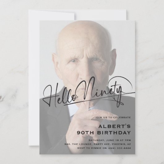 Invitation Script Hello Ninety Minimal Photo 90th Birthday (Devant)