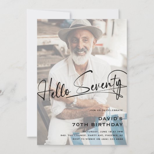 Invitation Script Hello Soixante-dix photo minimale 70e anniv (Devant)