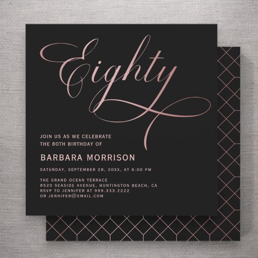 Invitation Script Huitième Rose noir or 80e anniversaire