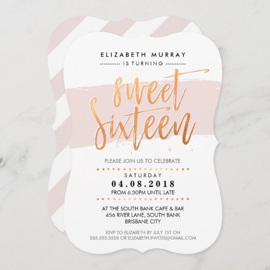 Invitation SCRIPT LETTERED À LA MAIN doux 16 rose cuivre tend (Devant / Derrière)