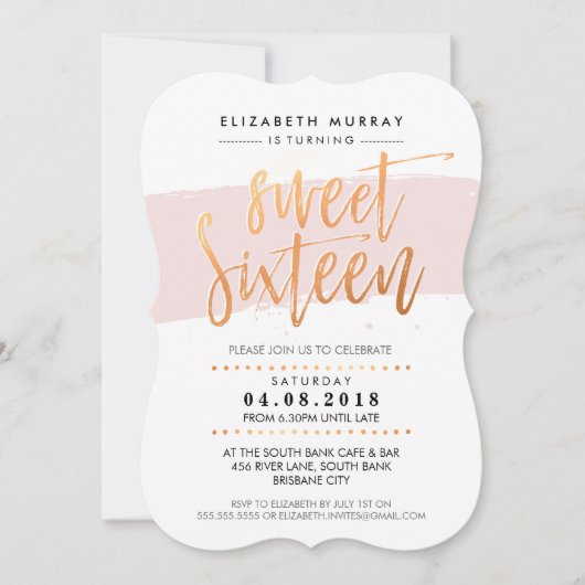 Invitation SCRIPT LETTERED À LA MAIN doux 16 rose cuivre tend (Devant)