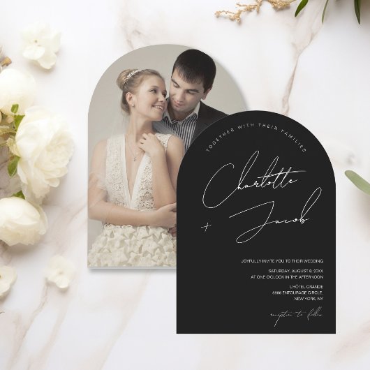 Invitation Script manuscrit Arch Photo noir blanc Mariage