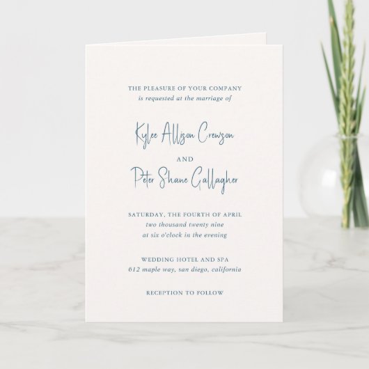 Invitation Script manuscrit bleu moderne Mariage élégant (Devant)