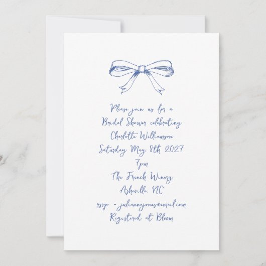 Invitation Script manuscrit Coquette Bow Fête des mariées ble (Devant)