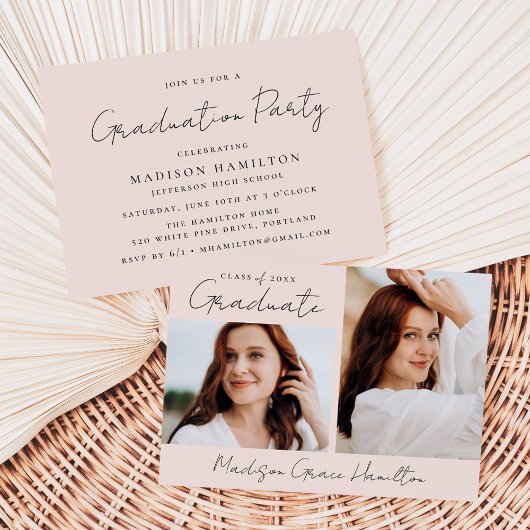 Invitation Script manuscrit moderne Blush 2 Photo Graduation