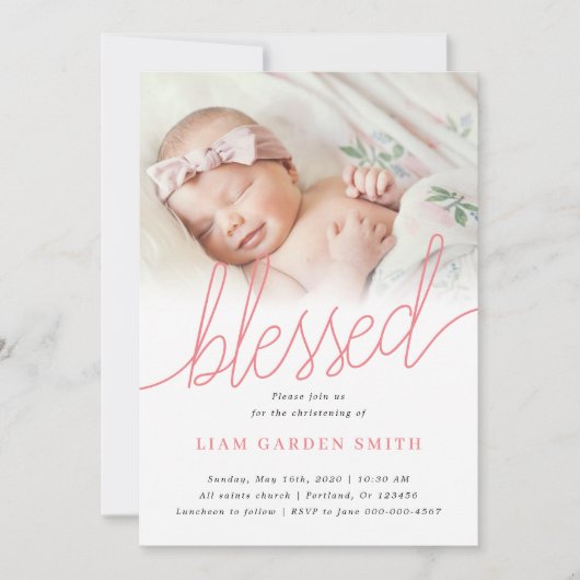 Invitation Script manuscrit rose Christening Baptême Photo (Devant)