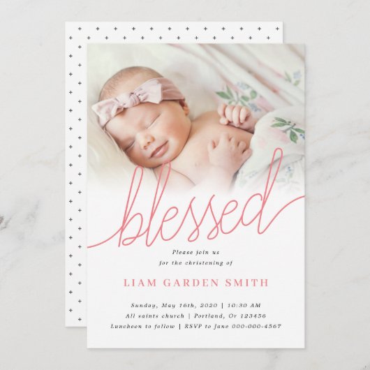 Invitation Script manuscrit rose Christening Baptême Photo (Devant / Derrière)