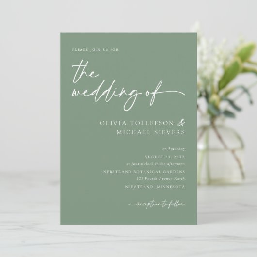 Invitation Script manuscrit Sage Green Mariage moderne (Debout devant)