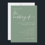 Invitation Script manuscrit Sage Green Mariage moderne<br><div class="desc">Ce faire-part de mariage moderne est doté d'un arrière - plan vert sage frais et d'une calligraphie élégante et manuscrite blanche. Le contraste de couleurs tendance et la disposition épurée et minimaliste lui confèrent une atmosphère chic et contemporaine. Un choix parfait pour les couples qui veulent un design frais et...</div>