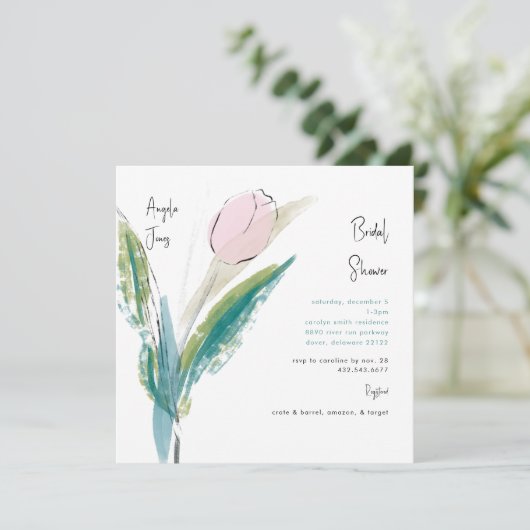 Invitation Script manuscrit simple Turquoise & Douche Tulipe  (Debout devant)