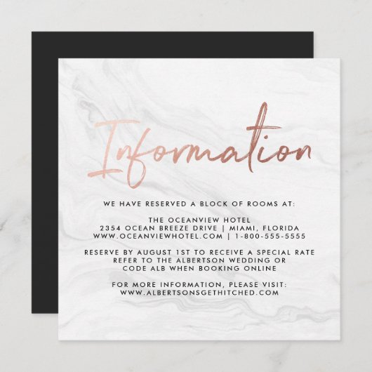 Invitation Script Marbre blanc moderne | Informations sur le  (Devant / Derrière)