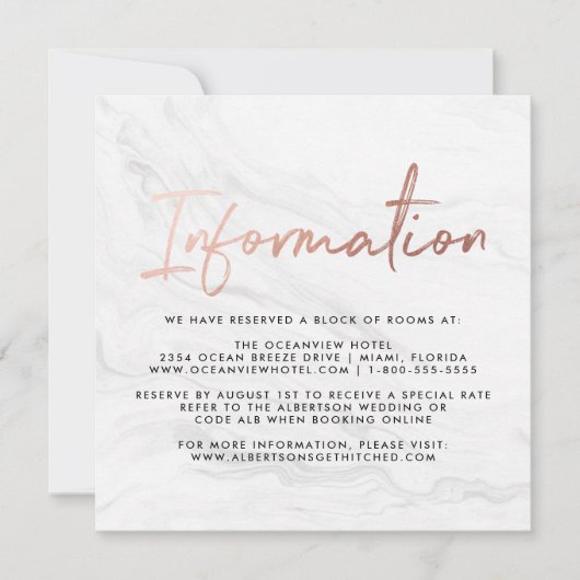Invitation Script Marbre blanc moderne | Informations sur le  (Devant)