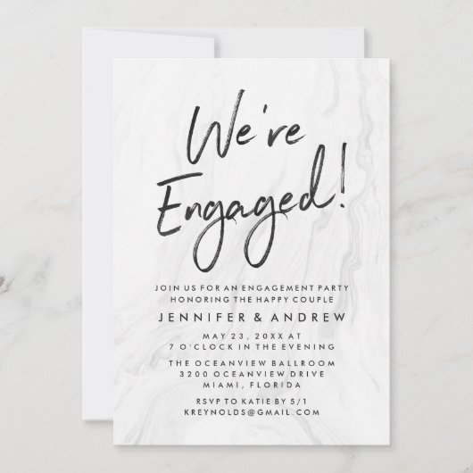 Invitation Script Marbre blanc moderne | Partie d'engagement (Devant)