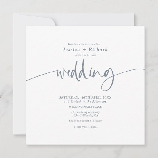 Invitation Script mariage bleu foncé moderne élégant (Devant)