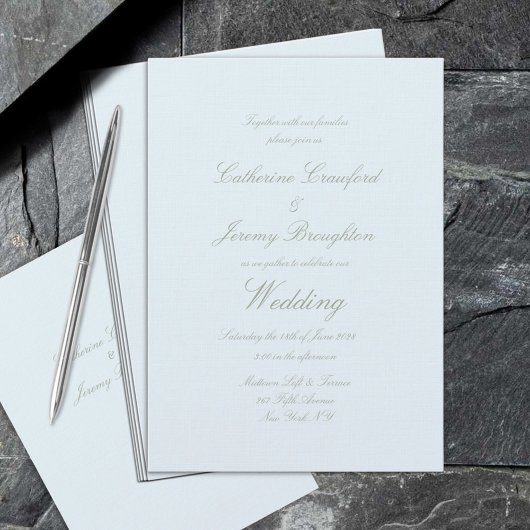 Invitation Script Mariage classique en poudre de lin bleu