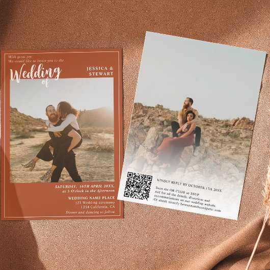 Invitation Script mariage en terre cuite en gras photo code Q