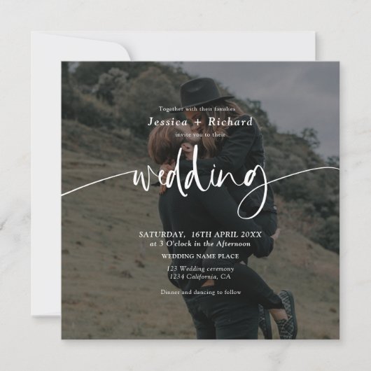 Invitation Script mariage photo bleu poussiéreux moderne (Devant)