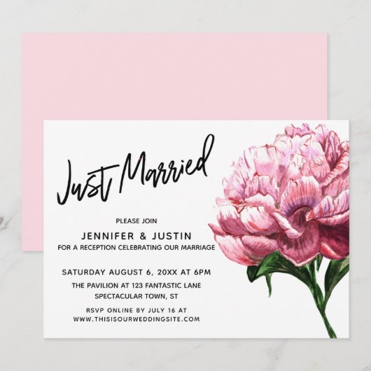 Invitation Script Mariés, Fleur de Pivoine Aquarelle Rose (Devant / Derrière)