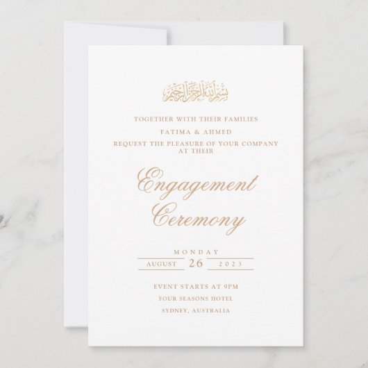 Invitation Script minimal Blanc Gold Musulman Parti d'engagem (Devant)