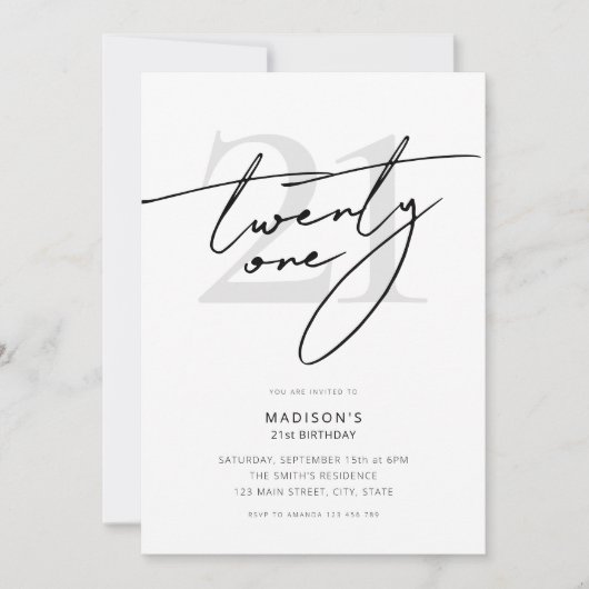 Invitation Script minimal élégant Blanc 21ème anniversaire fê (Devant)