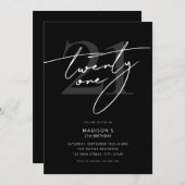 Invitation Script minimal élégant Noir 21e fête d'anniversair (Devant / Derrière)