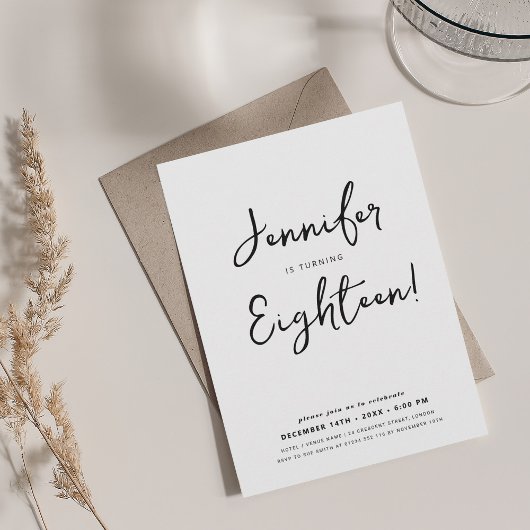 Invitation Script minimal moderne 18e anniversaire noir et bl