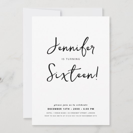 Invitation Script minimal moderne Sweet 16 noir et blanc (Devant)