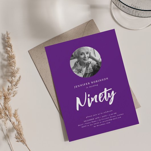 Invitation Script minimal photo 90e anniversaire violet