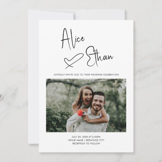Invitation Script minimal Signature Coeur photo blanc (Devant)