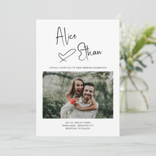 Invitation Script minimal Signature Coeur photo blanc (Debout devant)