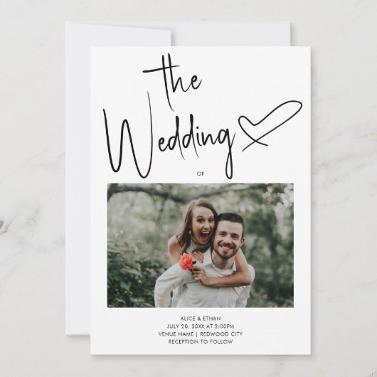 Invitation Script minimal Signature Coeur photo Mariage blanc (Devant)