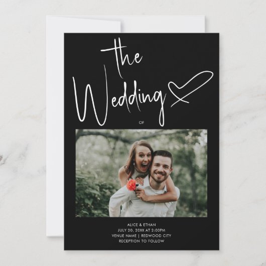 Invitation Script minimal Signature Coeur photo Mariage noir (Devant)