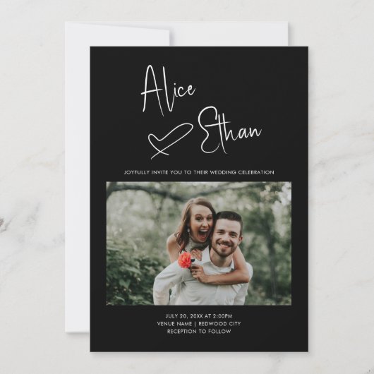 Invitation Script minimal Signature Coeur photo noir (Devant)