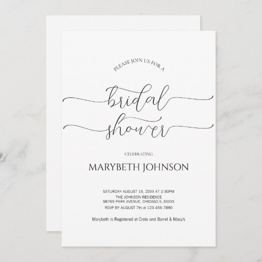 Invitation Script minimal simple Fête des mariées noir et bla (Devant / Derrière)