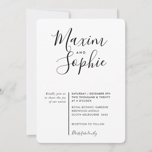 Invitation SCRIPT MINIMAL simple mariage moderne noir blanc (Devant)