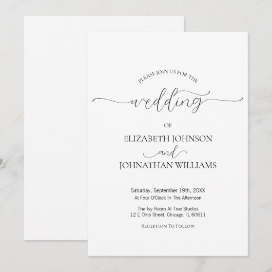 Invitation Script minimal simple Mariage noir et blanc (Devant / Derrière)