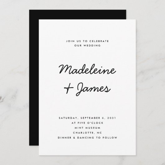Invitation Script minimal Simple Mariage noir moderne (Devant / Derrière)