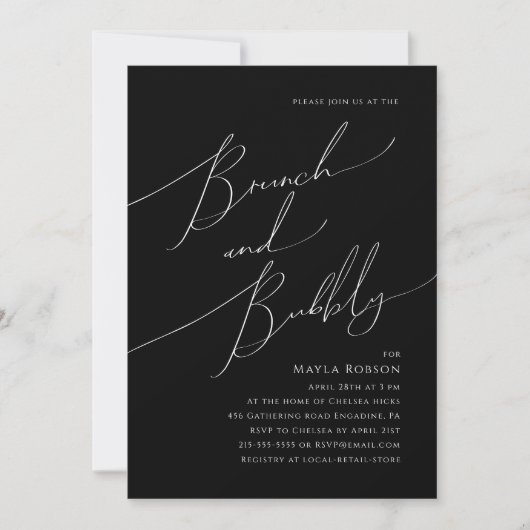 Invitation Script minimal Whimsical | Black Brunch et Bubbly (Devant)