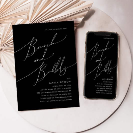 Invitation Script minimal Whimsical | Black Brunch et Bubbly