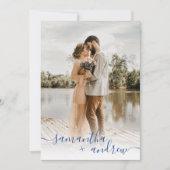 Invitation Script minimaliste bleu moderne 5 photos mariage (Devant)