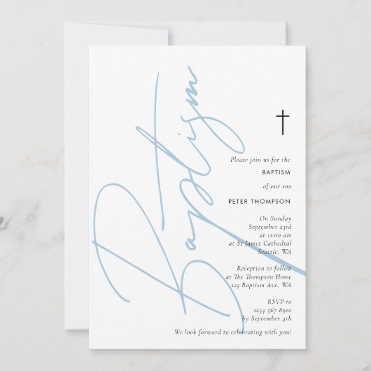 Invitation Script minimaliste Blue Boy Baptême Baptême Christ (Devant)