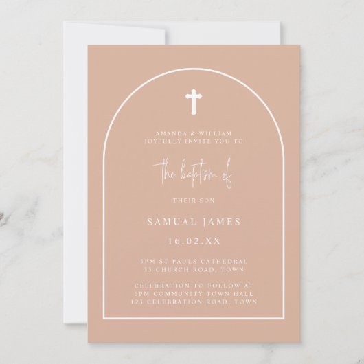 Invitation Script minimaliste d'arc moderne Baptême rose pâle (Devant)