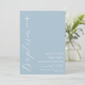 Invitation Script minimaliste moderne Dusty Baptême bleu (Debout devant)